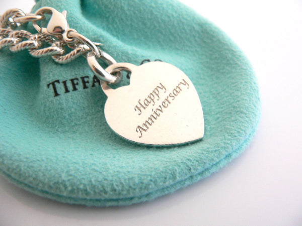 Tiffany & Co Silver HAPPY ANNIVERSARY Heart Charm Pendant Cable Bracelet Pouch