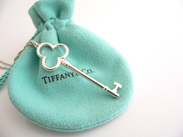 Tiffany Co Silver 18K Gold Heart Key Trefoil Necklace Pendant Charm 18 Inch Gift