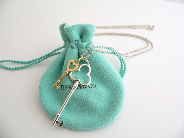 Tiffany Co Silver 18K Gold Heart Key Trefoil Necklace Pendant Charm 18 Inch Gift