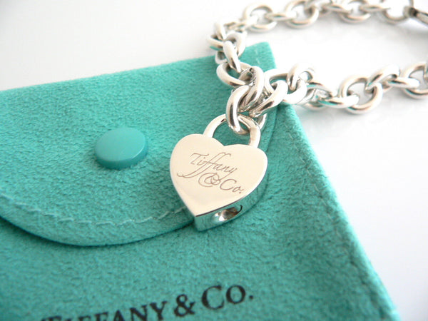 Tiffany & Co Silver Notes Heart Padlock Charm Bracelet Bangle 7.4 Inch Gift Love