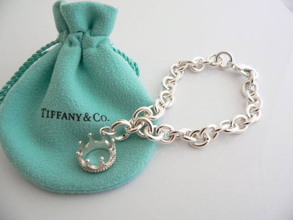 Tiffany & Co Silver Crown Princess Bracelet Bangle Charm Chain Clasp Gift Pouch