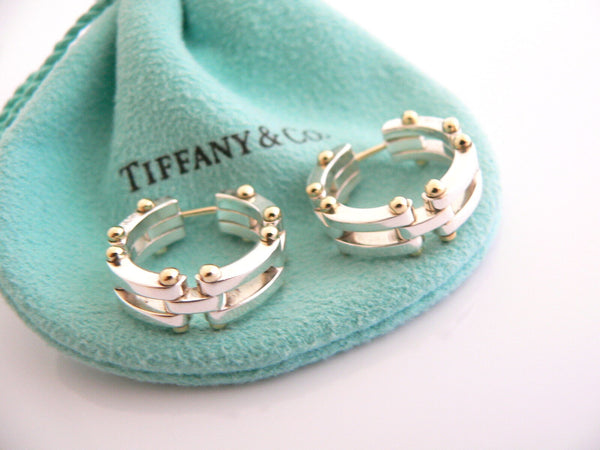 Tiffany & Co Gatelink Hoops Silver 18K Gold Gate Link Hoops Circle Ball Earrings Gift Pouch Art