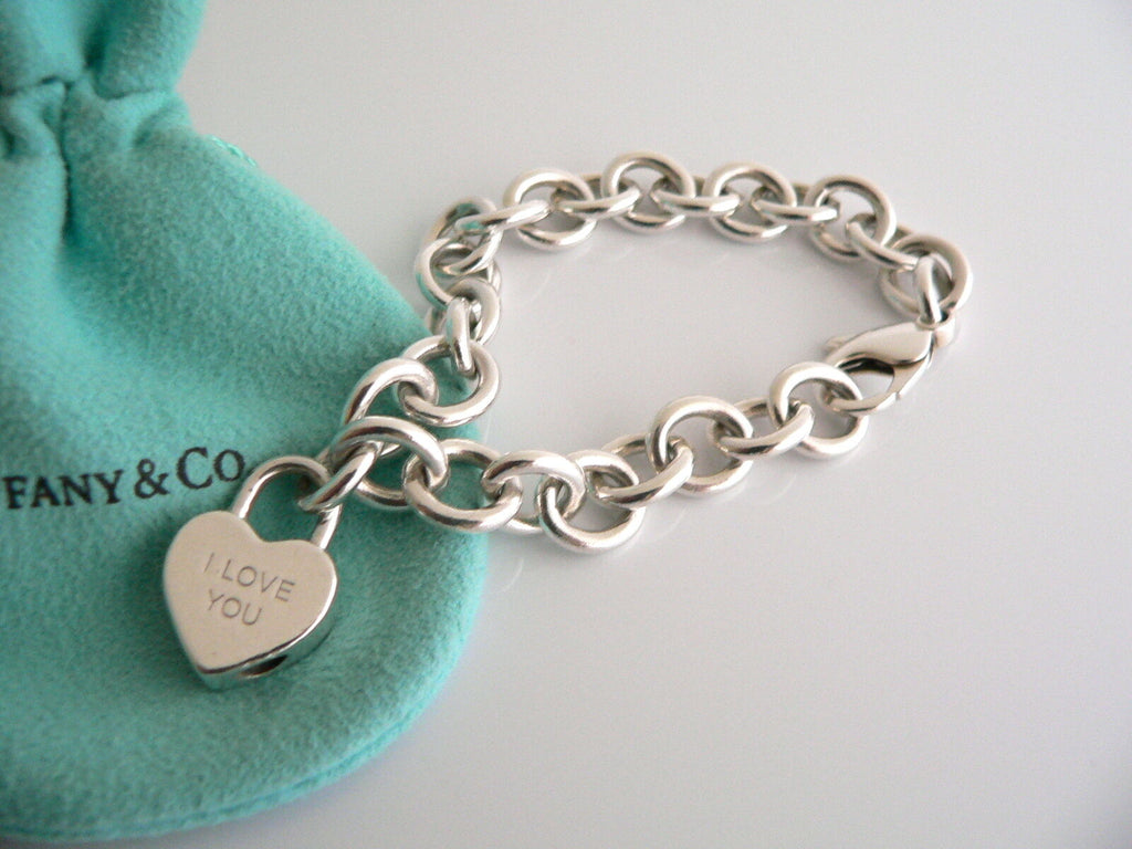 Tiffany Co Silver I LOVE YOU Heart Padlock Bracelet Bangle Charm Gift Pouch
