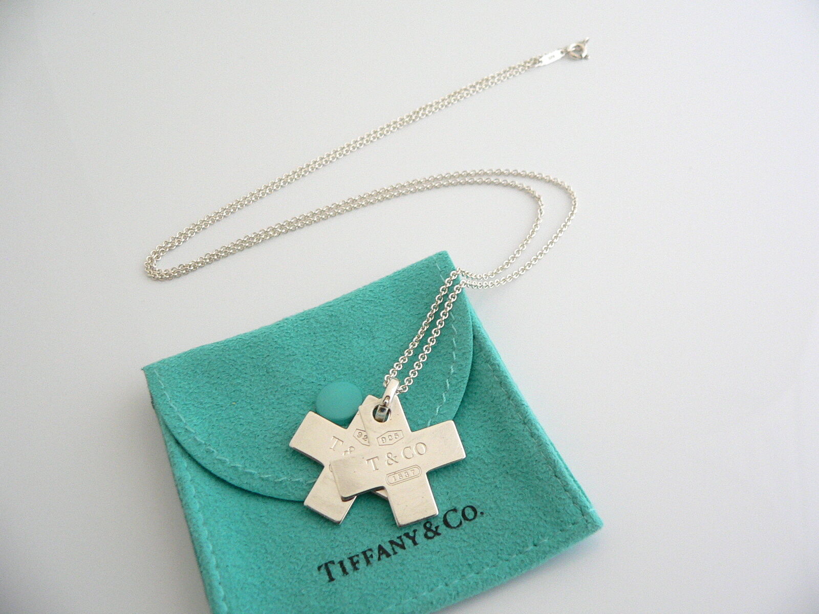 Tiffany & Co Silver 1837 Double Cross Necklace Pendant Charm 24 Inch Longer Chain Gift