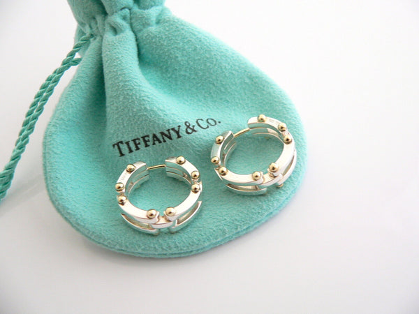 Tiffany & Co Gatelink Hoops Silver 18K Gold Gate Link Hoops Circle Ball Earrings Gift Pouch Art