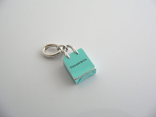 Tiffany & Co Silver Blue Enamel Shopping Bag Charm Pendant Oval Clasp Gift Love