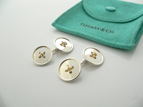 Tiffany & Co Silver 18K Gold Double Button CuffLinks Cuff Links Gift Pouch Love