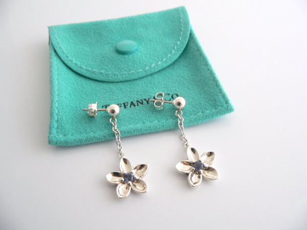 Tiffany & Co Flower Iolite Gemstone Dangle Earrings Gift Nature Love Pouch Cool