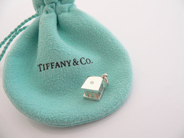 Tiffany & Co Silver Diamond Atlas Cube Charm Pendant Excellent Love Gift Pouch