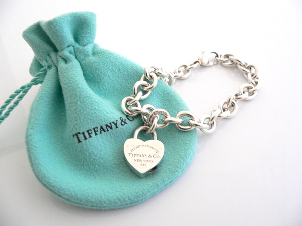 Tiffany & Co Silver Return Heart Padlock Charm Bracelet Bangle Gift Pouch Love