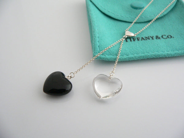 Tiffany & Co Silver Onyx Crystal Gemstone Heart Dangle Necklace Pendant Gift