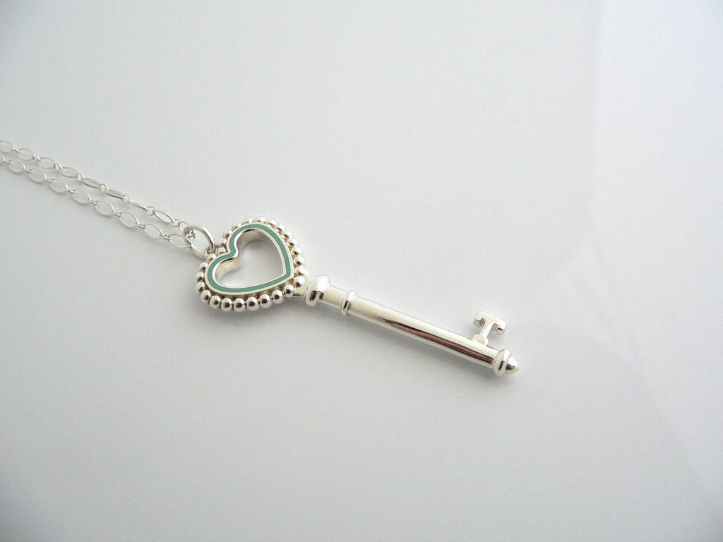 Tiffany Co Silver Blue Enamel Heart Key Necklace Pendant Bead Charm Gift Love