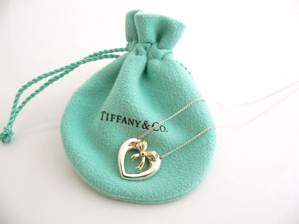 Tiffany & Co Silver 18K Gold Heart Ribbon Bow Necklace Pendant Charm 18 In Long