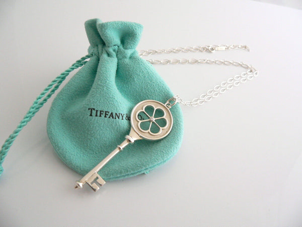 Tiffany Co Silver Diamond Blossom Key Necklace Pendant 24 inch Gift Love Pouch