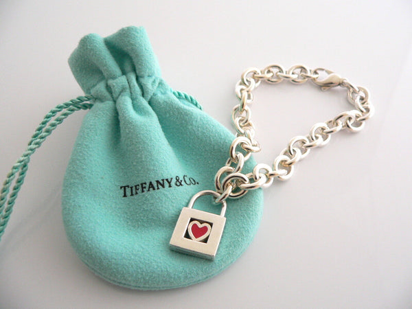 Tiffany & Co Heart Bracelet Love Padlock Red Charm Bangle Gift Pouch Hug Kisses