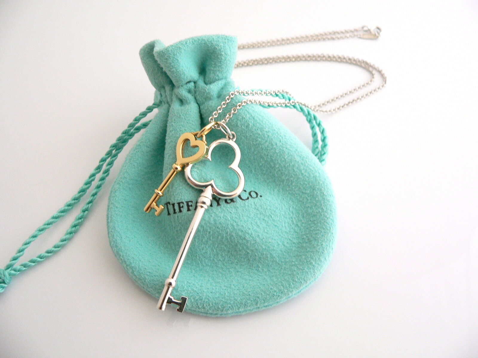 Tiffany Co Silver 18K Gold Heart Key Trefoil Necklace Pendant Charm 18 Inch Gift