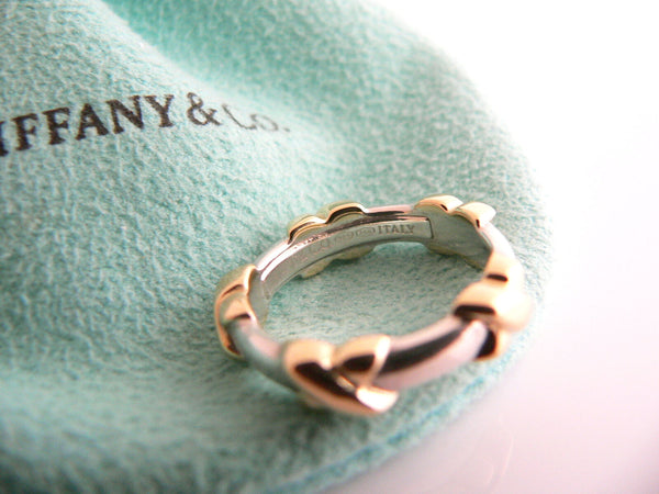 Tiffany & Co Silver 18K Gold Signature X Stacking Ring Band Sz 5.25 Gift Pouch
