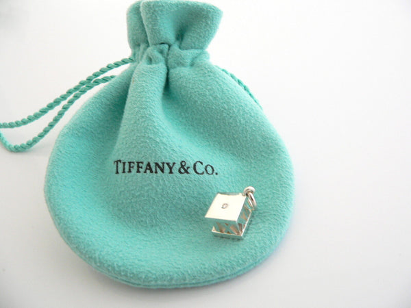 Tiffany & Co Silver Diamond Atlas Cube Charm Pendant Excellent Love Gift Pouch