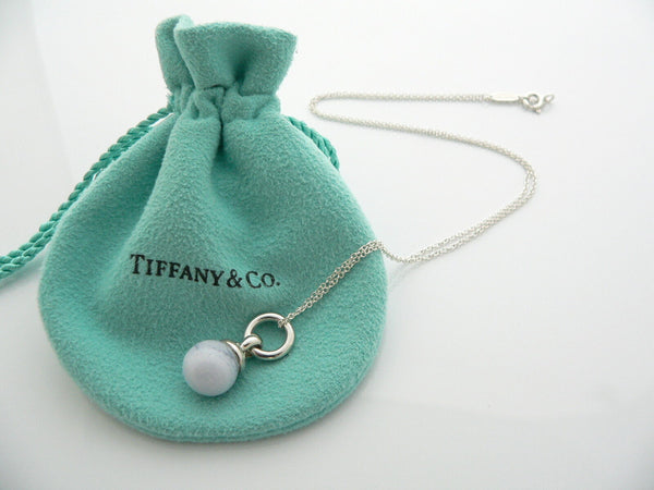 Tiffany & Co Silver Blue Chalcedony Fascination Bead Necklace Pendant Gift Pouch