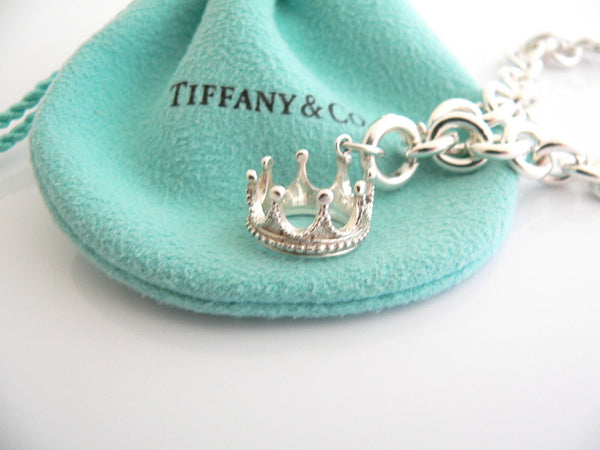 Tiffany & Co Silver Crown Princess Bracelet Bangle Charm Chain Clasp Gift Pouch