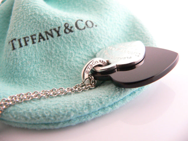 Tiffany & Co Return to Silver Black Onyx Double Heart Necklace Pendant Gift Love