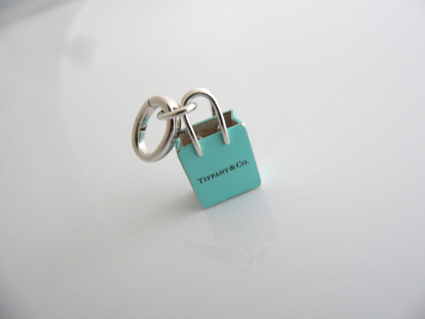 Tiffany & Co Silver Blue Enamel Shopping Bag Charm Pendant Oval Clasp Gift Love