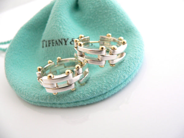Tiffany & Co Gatelink Hoops Silver 18K Gold Gate Link Hoops Circle Ball Earrings Gift Pouch Art