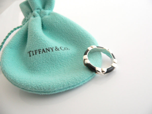 Tiffany & Co Silver Black Enamel Signature X Stacking Ring Band Sz 5.5 Gift Love