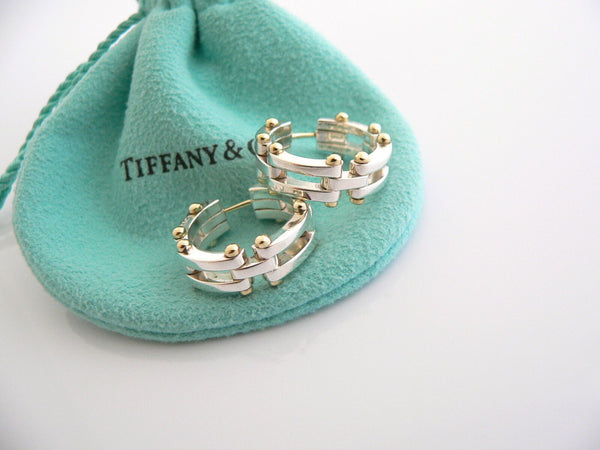 Tiffany & Co Gatelink Hoops Silver 18K Gold Gate Link Hoops Circle Ball Earrings Gift Pouch Art