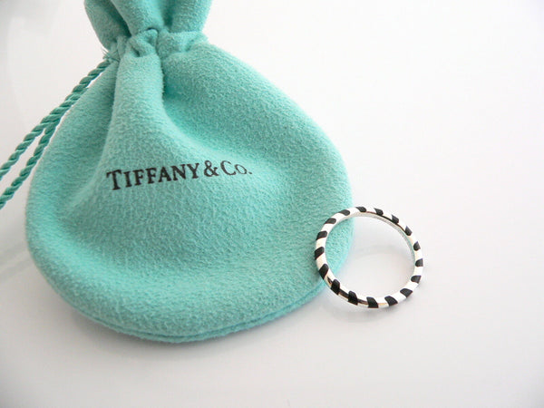 Tiffany & Co Silver Black Enamel Stripe Striped Stacking Ring Sz 5 Gift Pouch