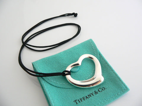 Tiffany & Co Peretti Large  Open Heart Necklace Pendant Silk Cord Large Silver Gift