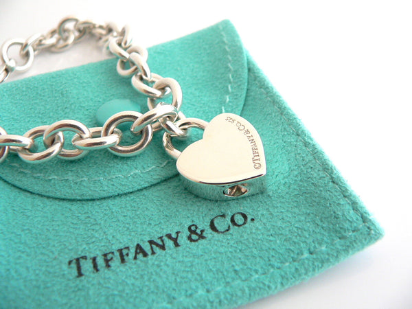 Tiffany & Co Silver Notes Heart Padlock Charm Bracelet Bangle 7.4 Inch Gift Love