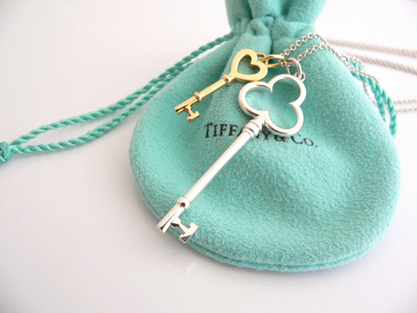 Tiffany Co Silver 18K Gold Heart Key Trefoil Necklace Pendant Charm 18 Inch Gift