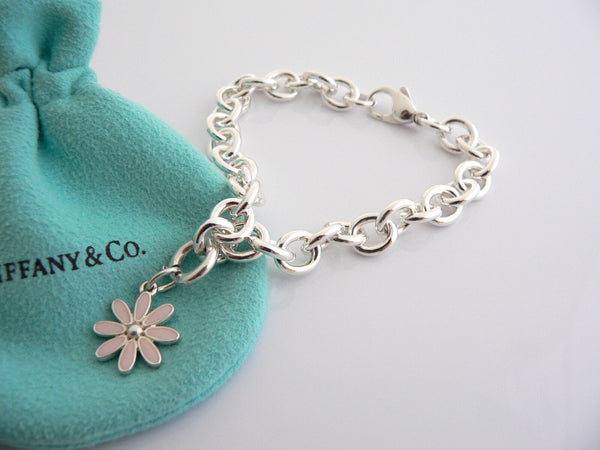 Tiffany & Co Daisy Flower Bracelet Silver Pink Enamel Bangle Charm Clasp Gift