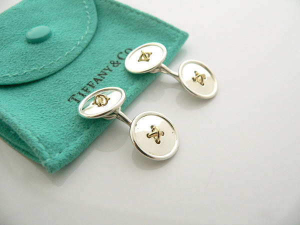 Tiffany & Co Silver 18K Gold Double Button CuffLinks Cuff Links Gift Pouch Love