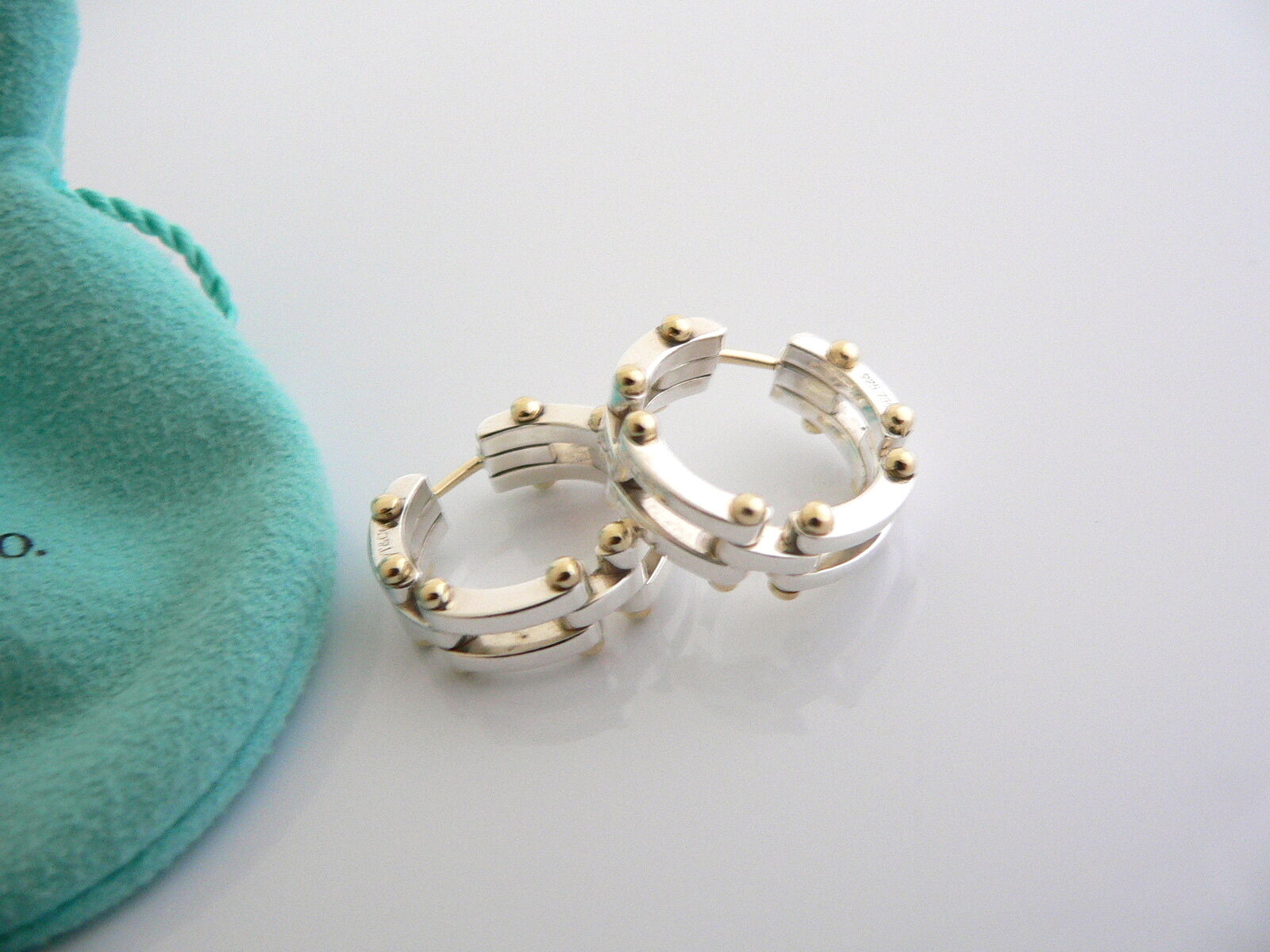 Tiffany & Co Gatelink Hoops Silver 18K Gold Gate Link Hoops Circle Ball Earrings Gift Pouch Art