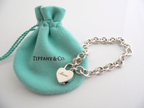 Tiffany & Co Silver Mom Heart Padlock Charm Bracelet Open Links Gift Pouch Love