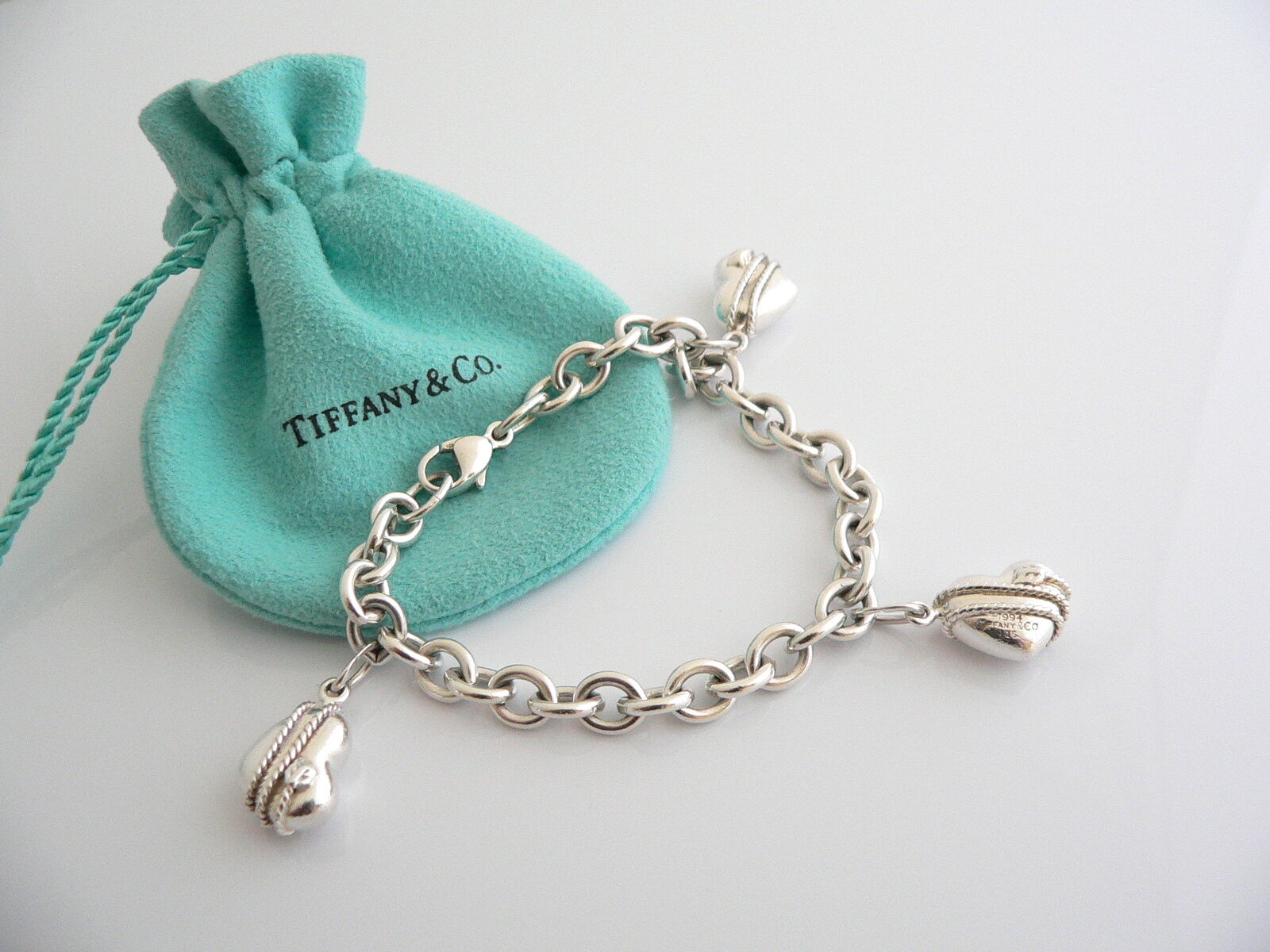 Tiffany Co Silver 3 Hearts Arrow Charm Dangle Bracelet Bangle Link Chain Gift