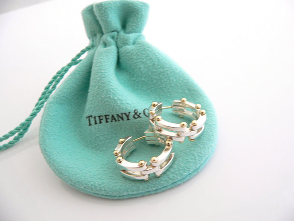 Tiffany & Co Gatelink Hoops Silver 18K Gold Gate Link Hoops Circle Ball Earrings Gift Pouch Art