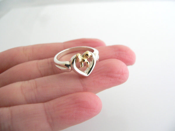 Tiffany & Co Silver 18K Gold Heart Ribbon Bow Ring Band Sz 6 Rare Gift Love