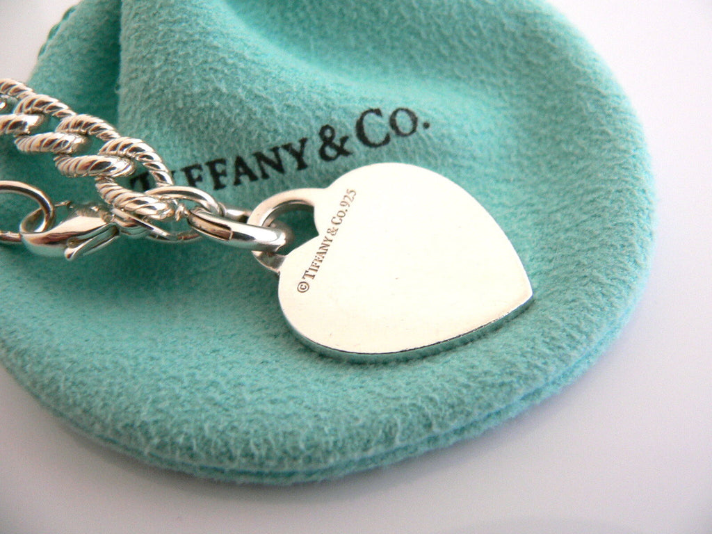 Tiffany Co Silver HAPPY ANNIVERSARY Heart Charm Pendant Cable Bracelet Pouch