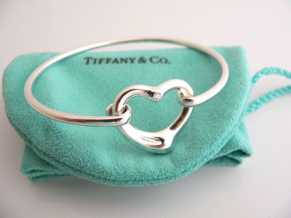 Tiffany & Co Silver Peretti Diamond Open Heart Bangle Bracelet Gift Pouch Love