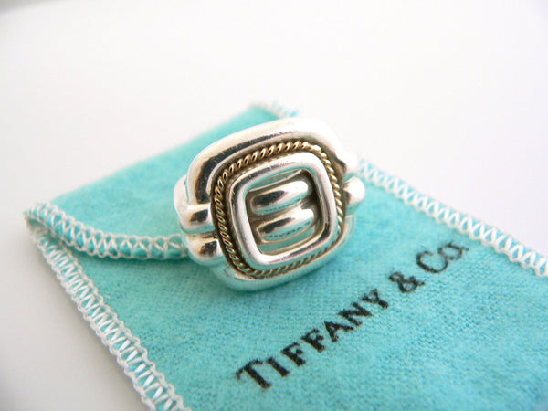 Tiffany & Co Silver 18K Gold Rope Square Ring Band 6 Rare Gift Pouch Love