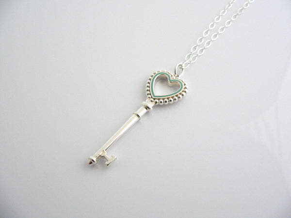 Tiffany Co Silver Blue Enamel Heart Key Necklace Pendant Bead Charm Gift Love