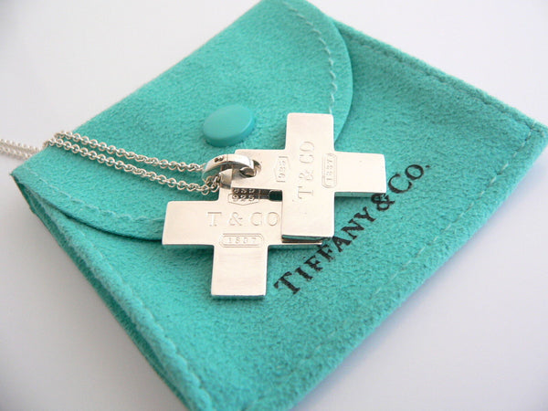 Tiffany & Co Silver 1837 Double Cross Necklace Pendant Charm 24 Inch Longer Chain Gift