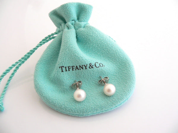Tiffany & Co 18K White Gold 7 MM Pearl Earrings Studs Gift Pouch Love
