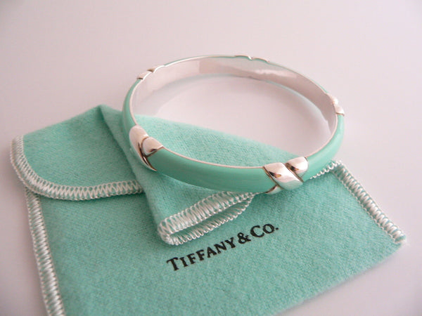 Tiffany & Co Silver Blue Enamel Signature X Bangle Bracelet Wide Gift Pouch Love