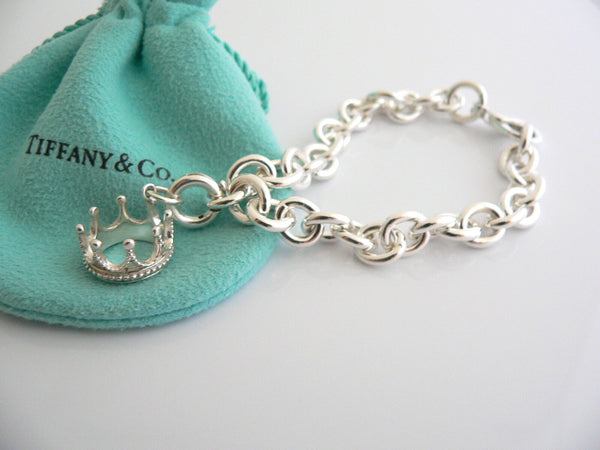 Tiffany & Co Silver Crown Princess Bracelet Bangle Charm Chain Clasp Gift Pouch