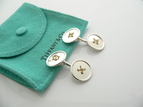 Tiffany & Co Silver 18K Gold Double Button CuffLinks Cuff Links Gift Pouch Love