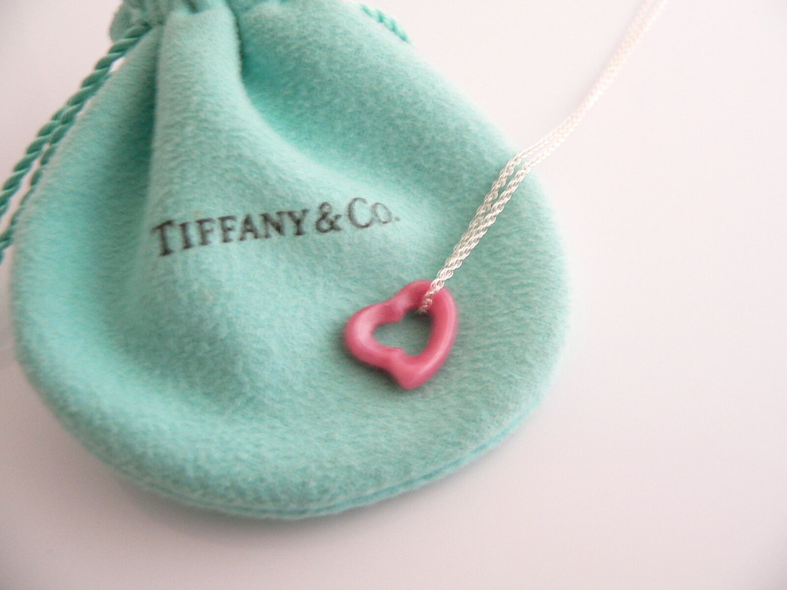 Tiffany Co Pink Rhodonite Open Heart Necklace Pendant Silver Gift Pouch Love